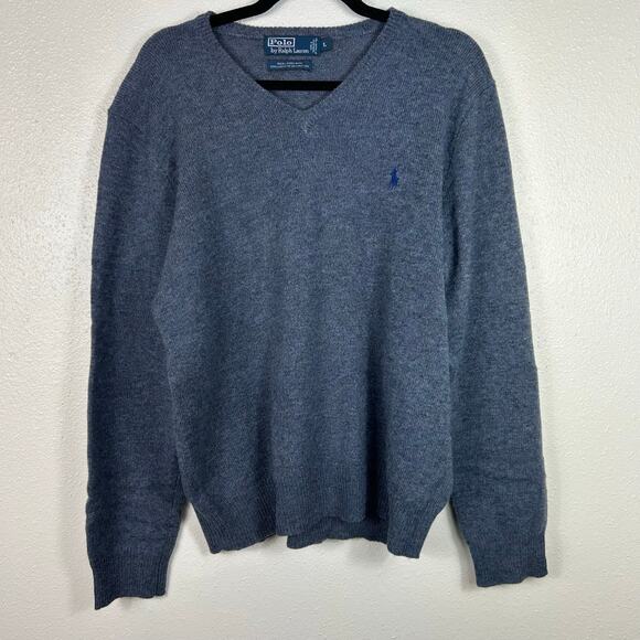 Polo Ralph Lauren Men's Vintage Lambswool V-Neck Sweater Blue Sz Large - Picture 2 of 7